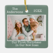 Text Sage Green First Christmas Zuhause Keramikornament (Vorderseite)