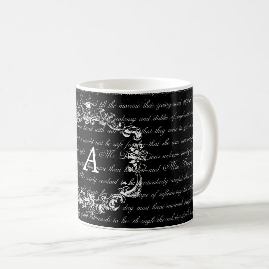 Text-Schwarzweiss-Monogramm-Tasse Janes Austen Kaffeetasse (VorderseiteRechts)