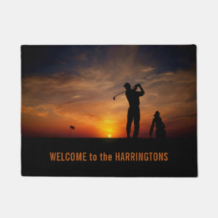 Text-Türmatte des Golfspieler-Sonnenuntergangs Fußmatte