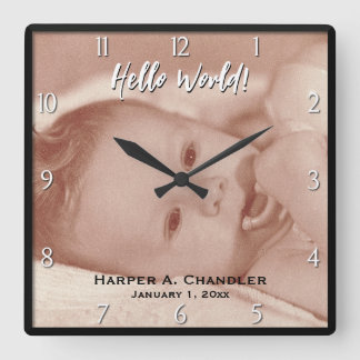 Text- und Baby-Foto-Frame-Vorlage Quadratische Wanduhr