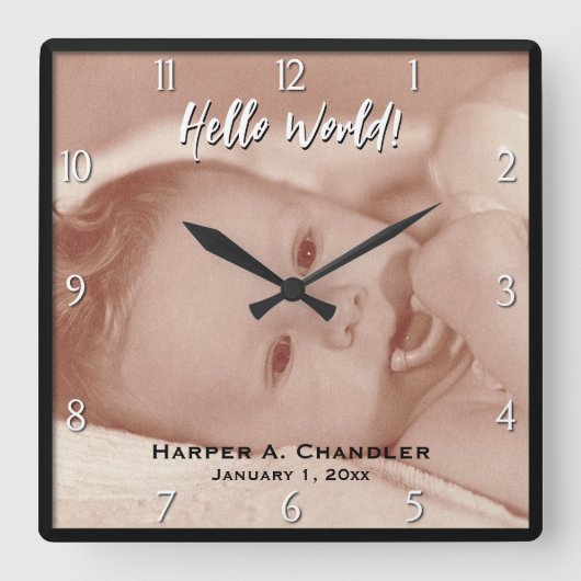 Text- und Baby-Foto-Frame-Vorlage Quadratische Wanduhr (Vorderseite)