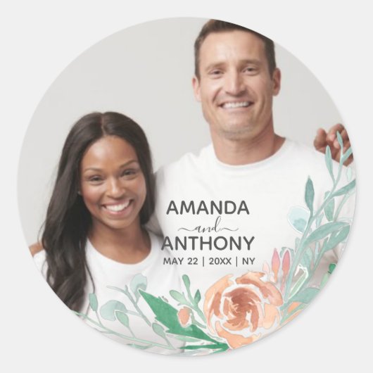 Text und benutzerdefiniertes Foto von Blume Runder Aufkleber (Vorderseite)