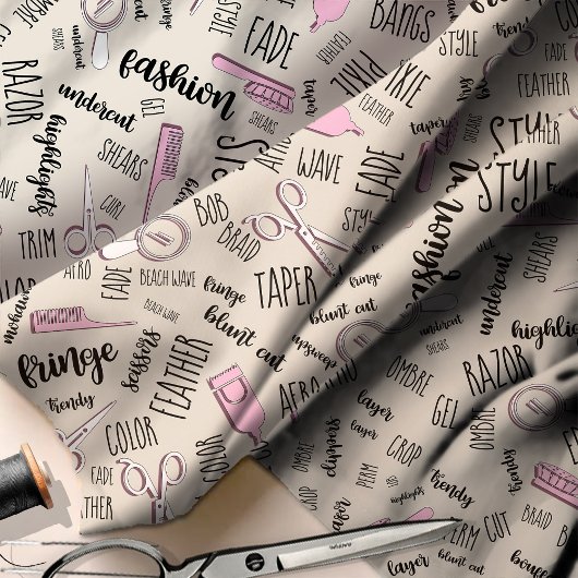 Text und Tools der Haarstilistik Pink2 ID749 Stoff