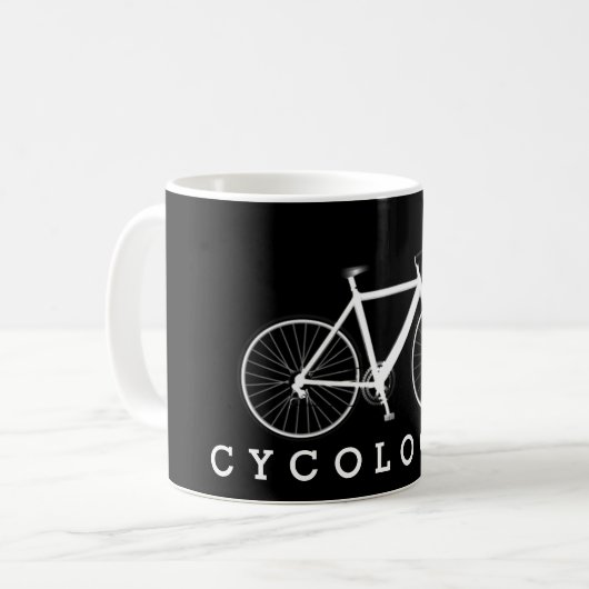 Text und weißes Fahrrad von CYCOLOGIST Kaffeetasse (Vorderseite Links)