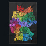 Textabbildung von Deutschland-Karte Küchentuch<br><div class="desc">Eine typografische Textabbildung von Deutschland,  hergestellt von den Namen der deutschen Regionen. Mehrfarbiger Text auf einem schwarzen Hintergrund.</div>