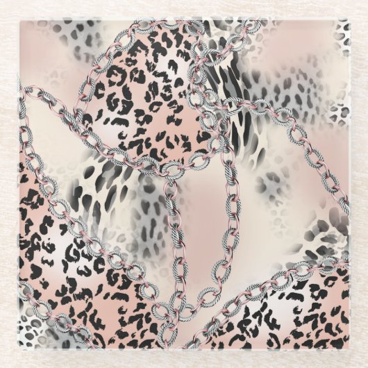Textil-Leopard: Florales Kettenmuster. Glasuntersetzer (Vorderseite)