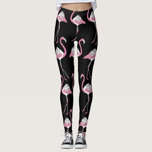 Textile Schwarz Flamingo Hintergrundmuster Leggings (Vorderseite)