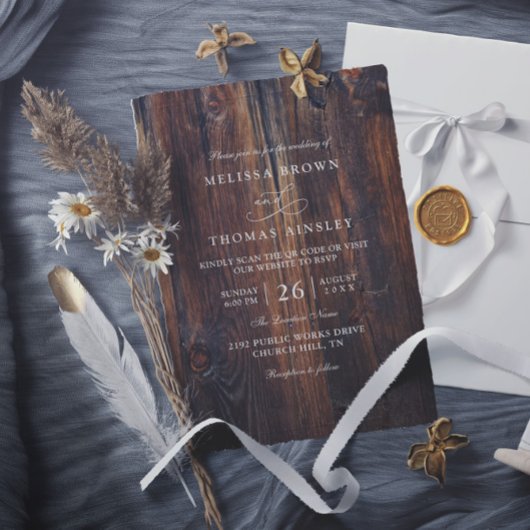 Textiles Holz Rustikale Landhochzeit QR Code Einladung