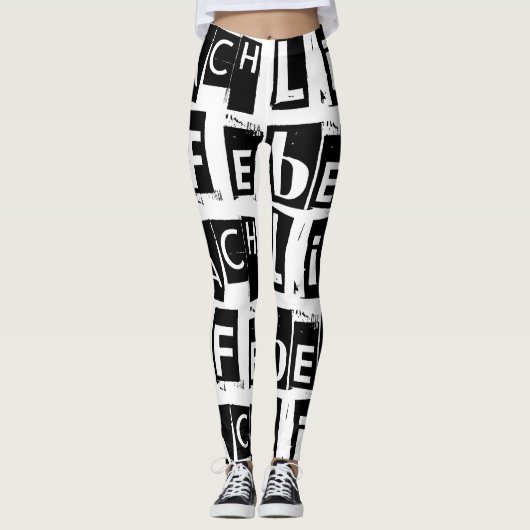 Textmuster für Schwarz-Weiß-Beach-Life Leggings (Vorderseite)