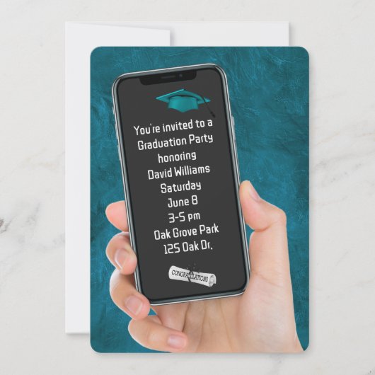 Textnachricht der Graduierungspartei auf Aquamarin Einladung (Vorderseite)