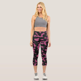  Textured pink and black camo abstract Capri Leggings