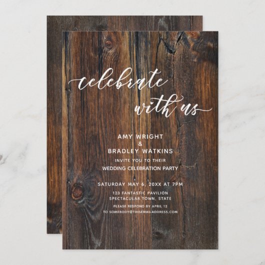 Textured Wood Handwriting Script Celebrate mit uns Einladung (Vorne/Hinten)