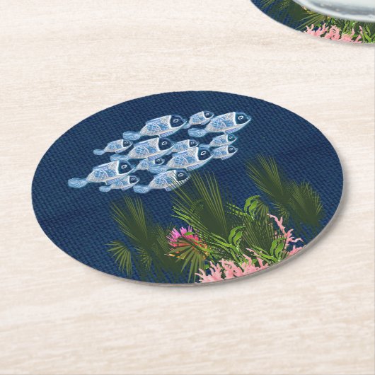 Texturierte Marine, Fisch, Rosa Korallen Runder Pappuntersetzer (Angewinkelt)