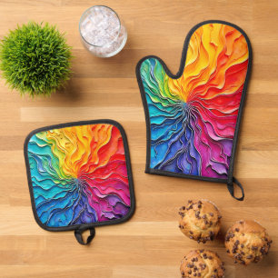 Texturierte Regenbogen-Swirlarbeit Ofenhandschuh & Topflappen-Set