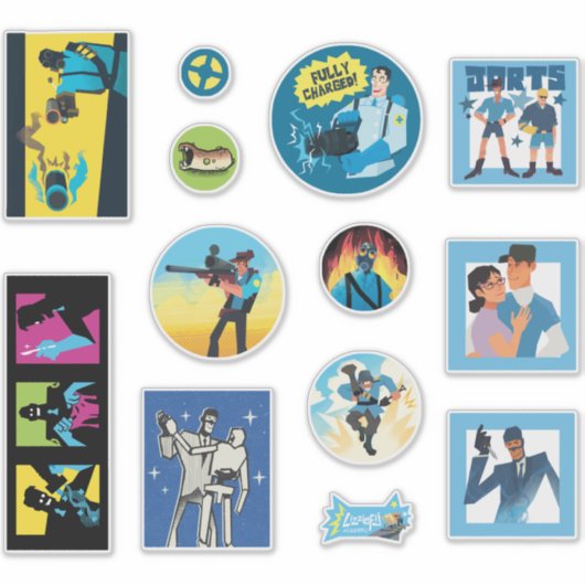 TF2 Blu team mercenaries 12 sticker set (Vorderseite)
