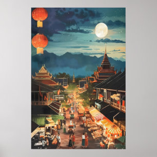 Thai-Nachtmarkt-Kunstprint Mondhelle Bangkok-Straß Poster