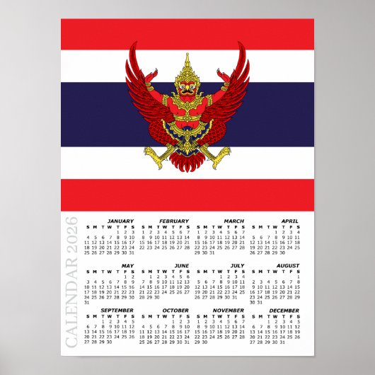 Thailand 2026 Calendar, Large, Thai Flag Poster (Vorne)