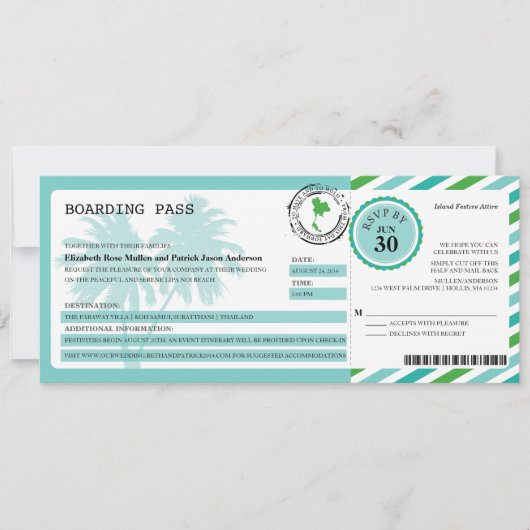 Thailand Airmail Boarding Pass Hochzeit Einladung (Vorderseite)