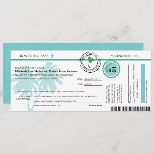 Thailand-Boarding-Durchlauf-Hochzeits-Einladung Einladung (Vorne/Hinten)