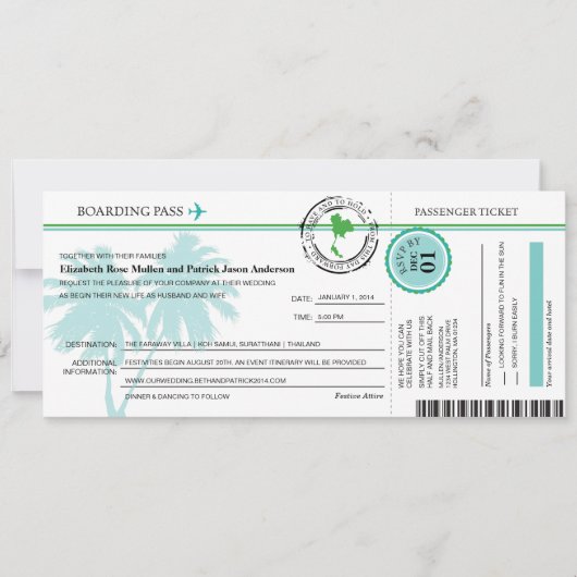 Thailand-Boarding-Durchlauf-Hochzeits-Einladung Einladung (Vorderseite)