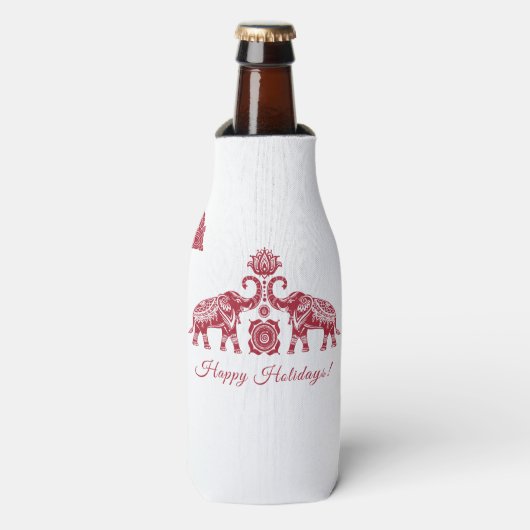 Thailand Elephant Happy Holidays Geschenk Red Whit Flaschenkühler (Flaschenvorderseite)