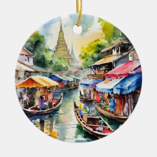 Thailändischer Floatmarkt Wasserfarbe Keramik Ornament (Vorne)