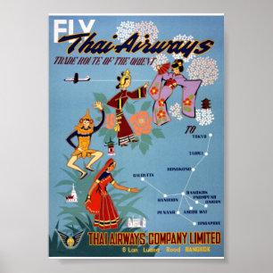 Thailändisches Vintage-Flugreiseplakat restauriert Poster