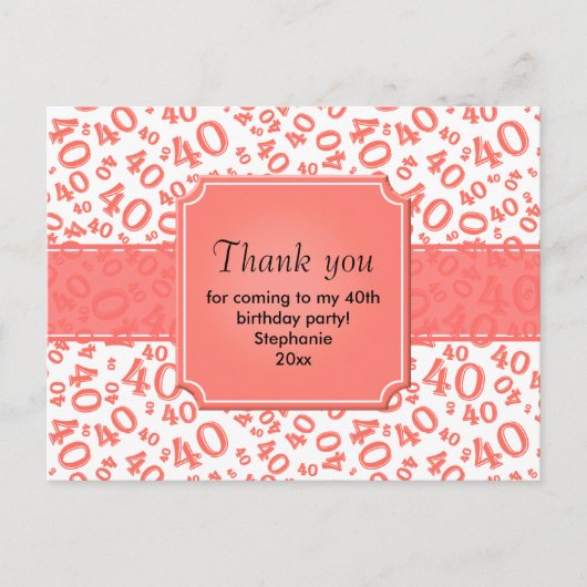 Thank You 40 Number Pattern Coral/White Postkarte (Vorderseite)