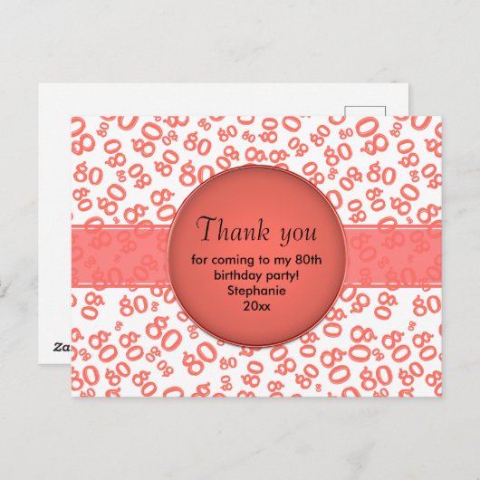 Thank You: 80th Coral/White Number Pattern Postkarte (Vorne/Hinten)