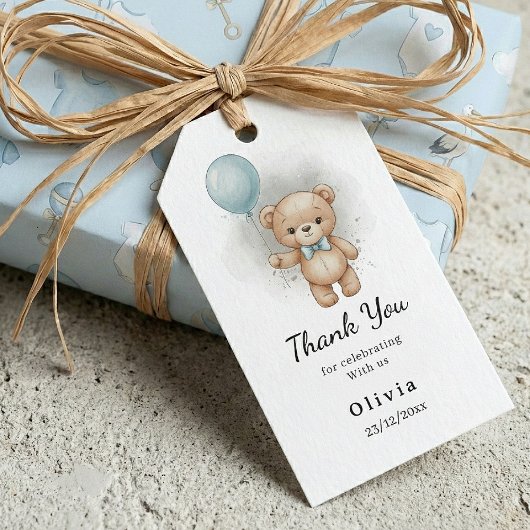 Thank you Baby Shower for Boy Blue Balloon Bear   Geschenkanhänger