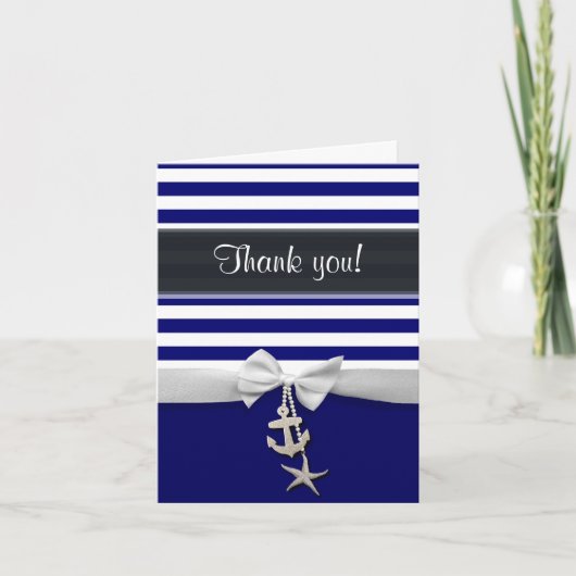 Thank You Blue Nautical stripe & faux white ribbon Dankeskarte (Vorderseite)