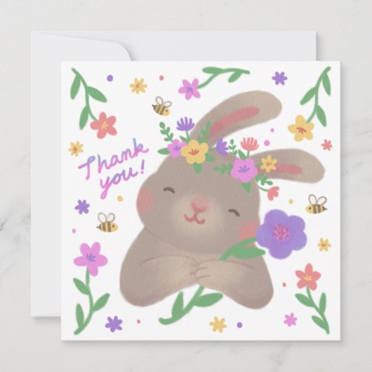 Thank You: Bunny with Flowers Einladung (Vorderseite)