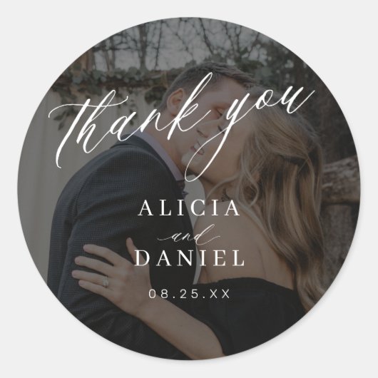 Thank you calligraphy photo wedding runder aufkleber (Vorderseite)