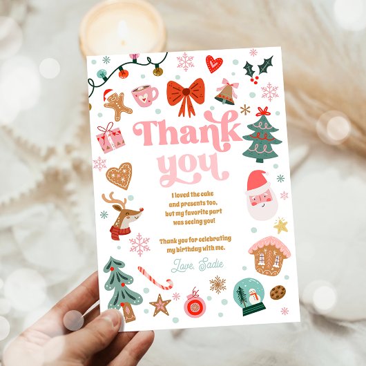 Thank You Card Christmas Birthday Pink Holidays Einladung