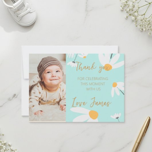 Thank you card template with photo of Daisy, blue  Dankeskarte