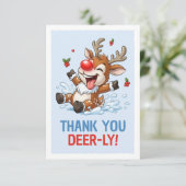 Thank You Deer-ly! Cute Reindeer Christmas Dankeskarte (Stehend Vorderseite)