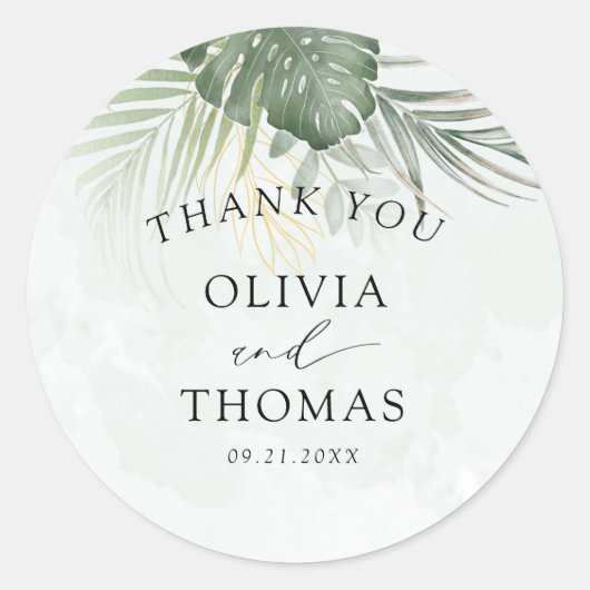 Thank You Green Tropical Wedding Favor Runder Aufkleber (Vorderseite)