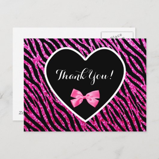 Thank You Pink Black Glam Zebra Falsch Glitz Heart Postkarte (Vorne/Hinten)