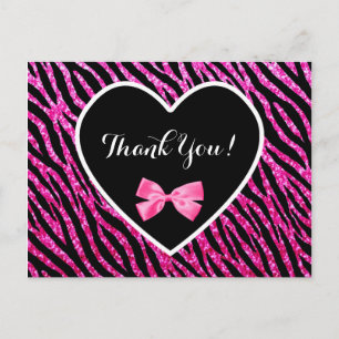 Thank You Pink Black Glam Zebra Falsch Glitz Heart Postkarte