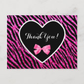Thank You Pink Black Glam Zebra Falsch Glitz Heart Postkarte (Vorderseite)