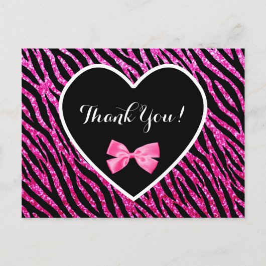 Thank You Pink Black Glam Zebra Falsch Glitz Heart Postkarte (Vorderseite)