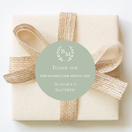 Thank you sage green monogrammed wedding runder aufkleber