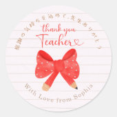 Thank You Teacher Red Bow Note Paper Runder Aufkleber (Vorderseite)