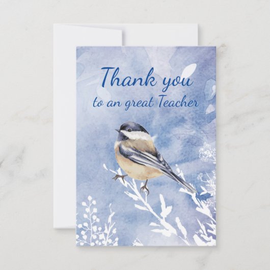 Thank You Teacher Watercolor Chickadee Winter Dankeskarte (Vorderseite)