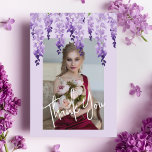 Thank You Watercolor Wisteria Photo Bat Mitzvah Dankeskarte<br><div class="desc">Thank You Watercolor Wisteria Photo Bat Mitzvah Thank You Cards features elegant watercolor wisteria flowers in soft lavender and purple with green leaves on a lilac background with your favorite photo and "Thank You" overlay. On the reverse in elegant white calligraphy script on a purple background is the text "Thank...</div>
