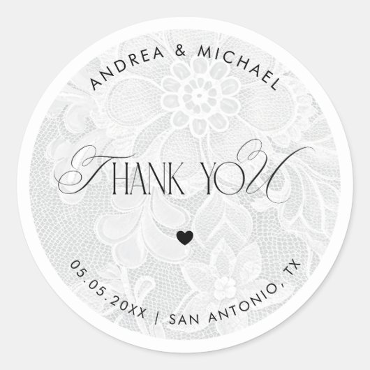 Thank You White Lace Wedding Favor Label Runder Aufkleber (Vorderseite)