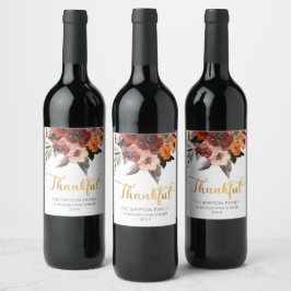 Thankful Floral watercolor Wine Label Weinetikett