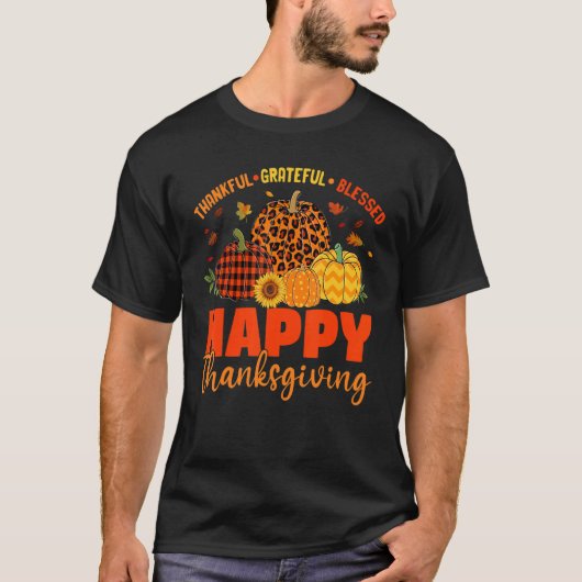 Thankful Grateful Blessed Leopard Plaid Pumpkin Th T-Shirt (Vorderseite)