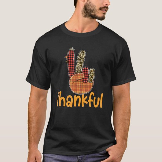 Thankful Turkey Hand Sign Peace Leopard Plaid Than T-Shirt (Vorderseite)