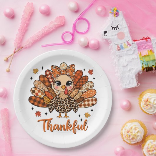 Thankful Turkey with Autumn Patchwork Feathers Pappteller (Party)